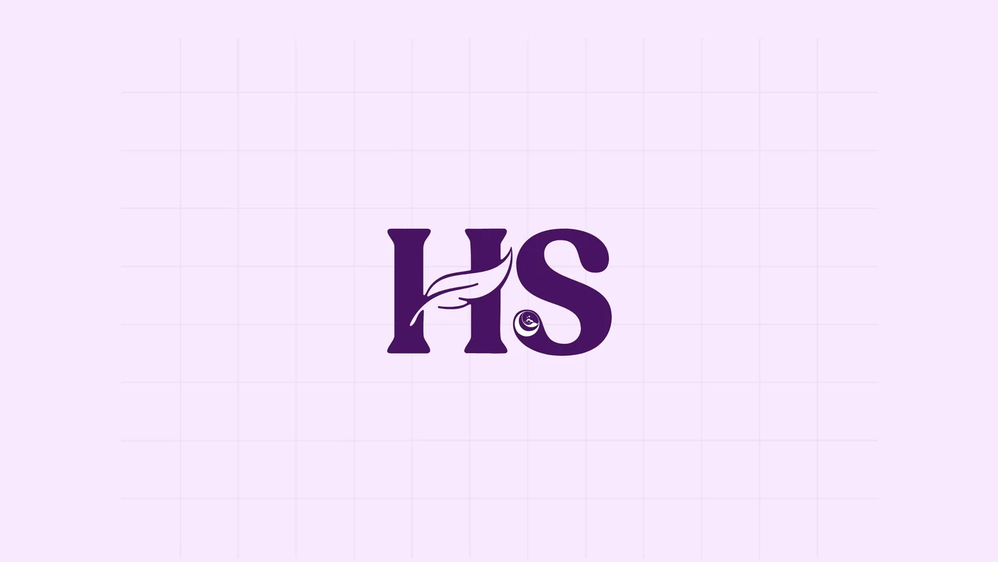 The HS monogram in purple on a lavender construction grid