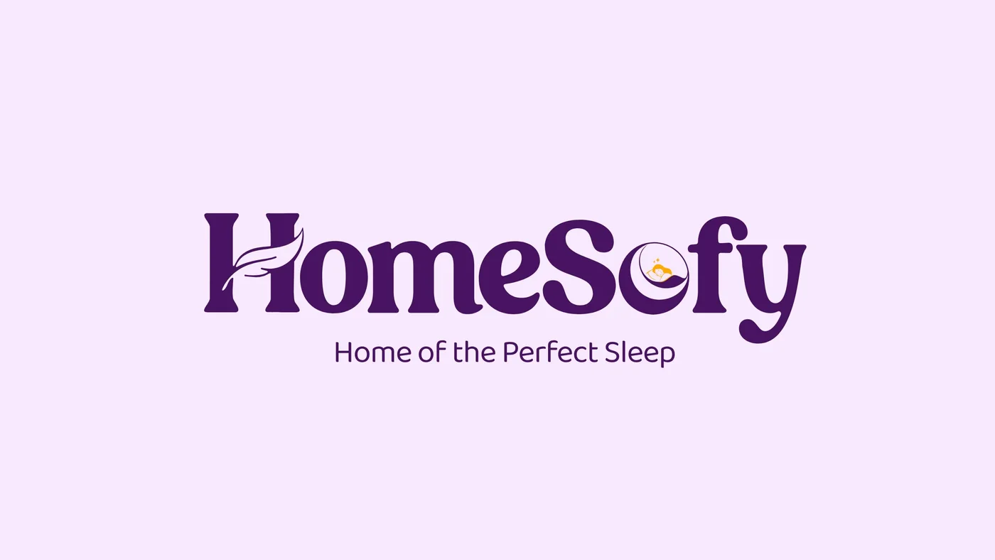 The HomeSofy wordmark in deep purple on lavender, above the tagline Home of the Perfect Sleep