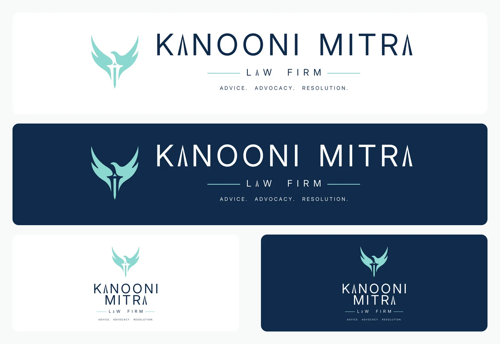 The Kanooni Mitra brand kit Branditify designed: the teal emblem and wordmark with Law Firm, horizontal and stacked, on white and on navy