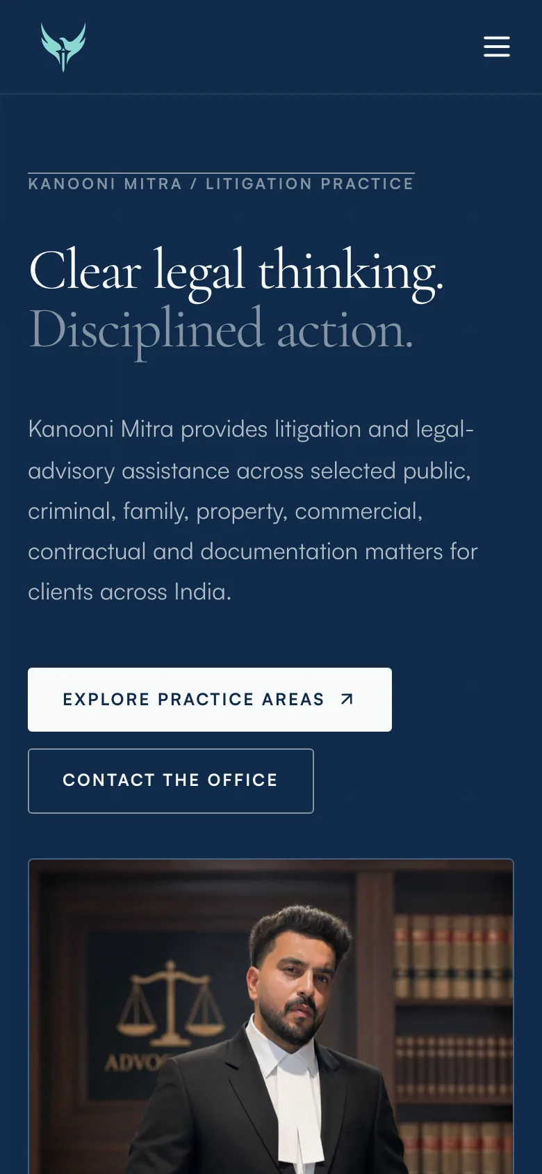The Kanooni Mitra home page on a phone: the emblem, Clear legal thinking, disciplined action, and Explore practice areas and Contact the office