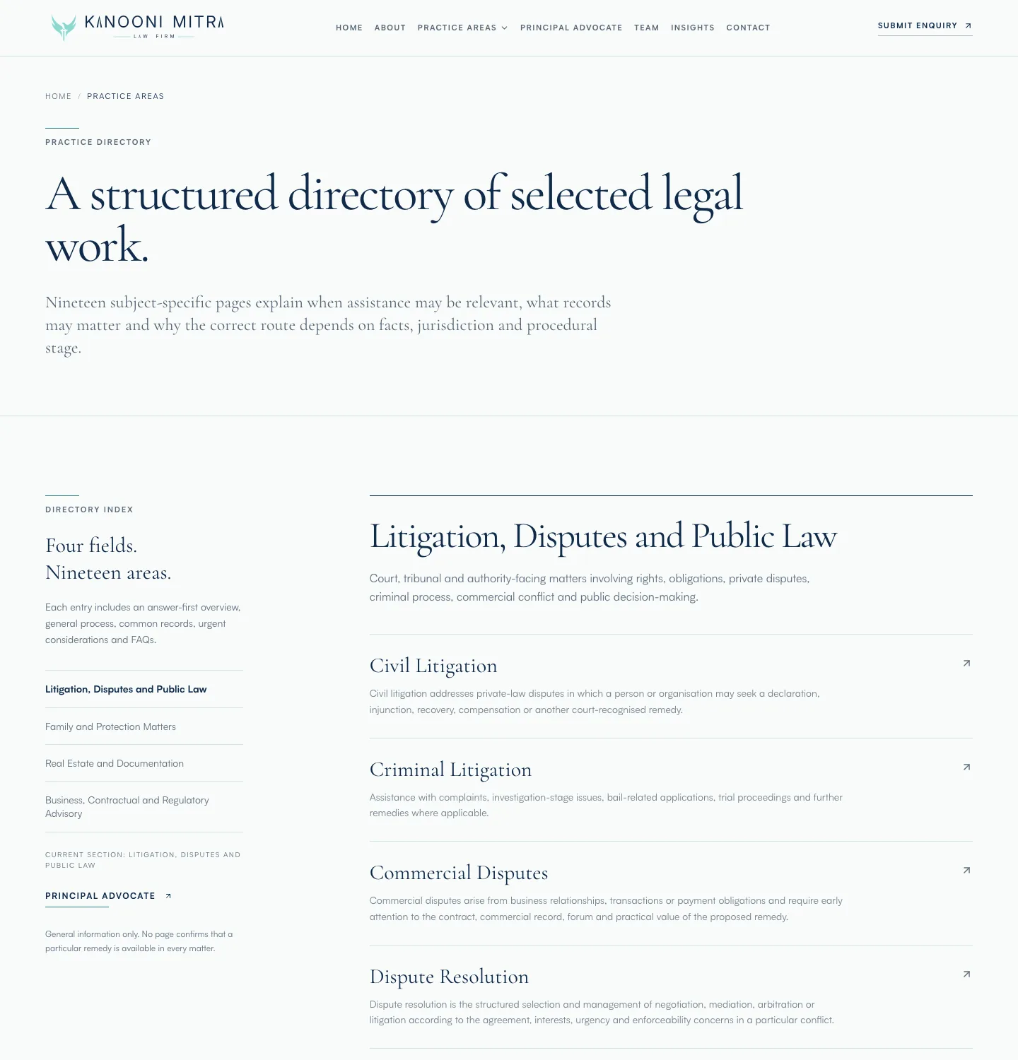 The Kanooni Mitra practice directory: a structured directory of selected legal work, four fields in a side index, and civil and criminal litigation