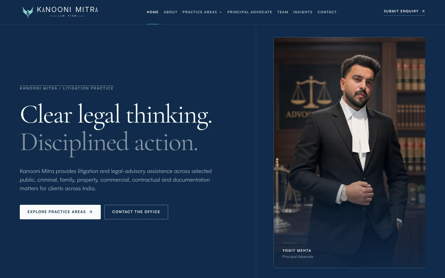 The Kanooni Mitra home page on navy: Clear legal thinking, disciplined action, beside a portrait of the principal advocate in court dress