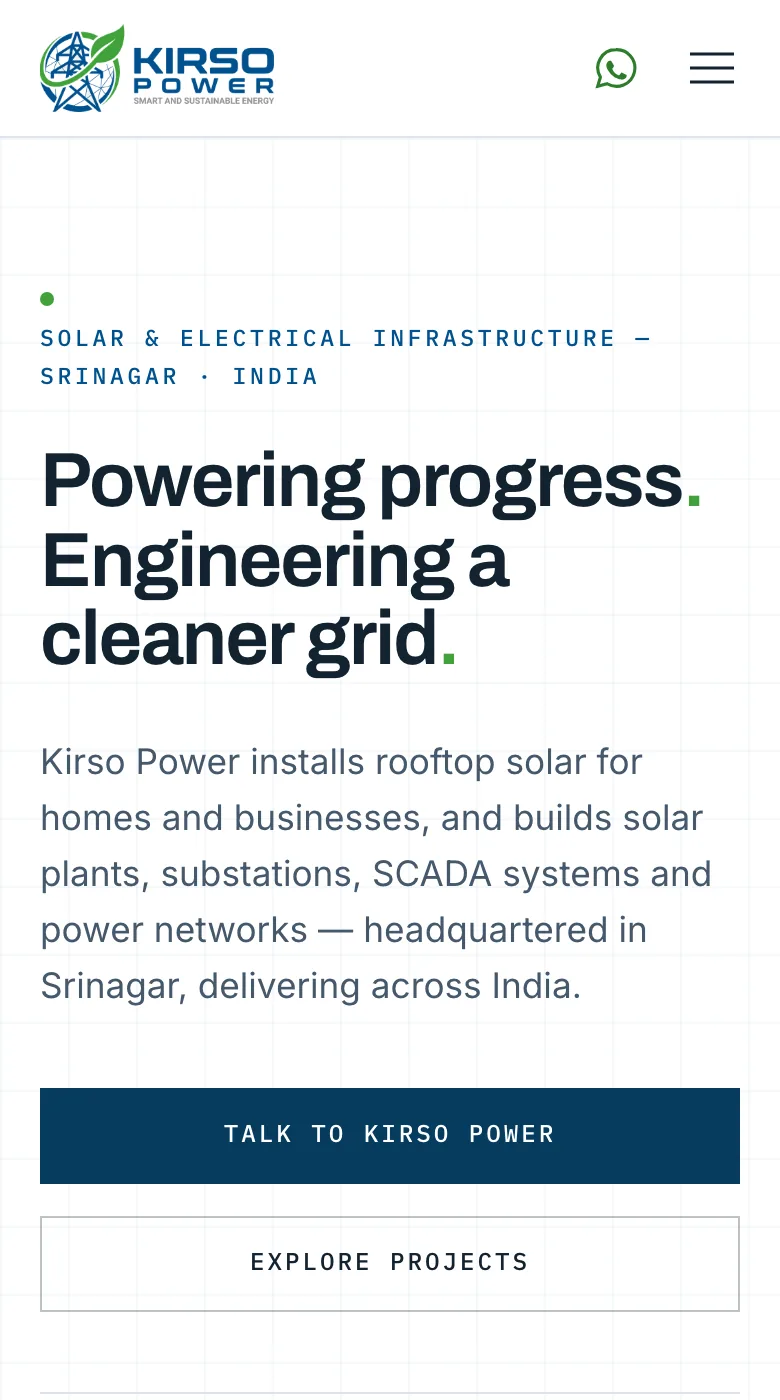 The Kirso Power home page on a phone: the logo and a WhatsApp button in the header, the headline, and Talk to Kirso Power and Explore projects