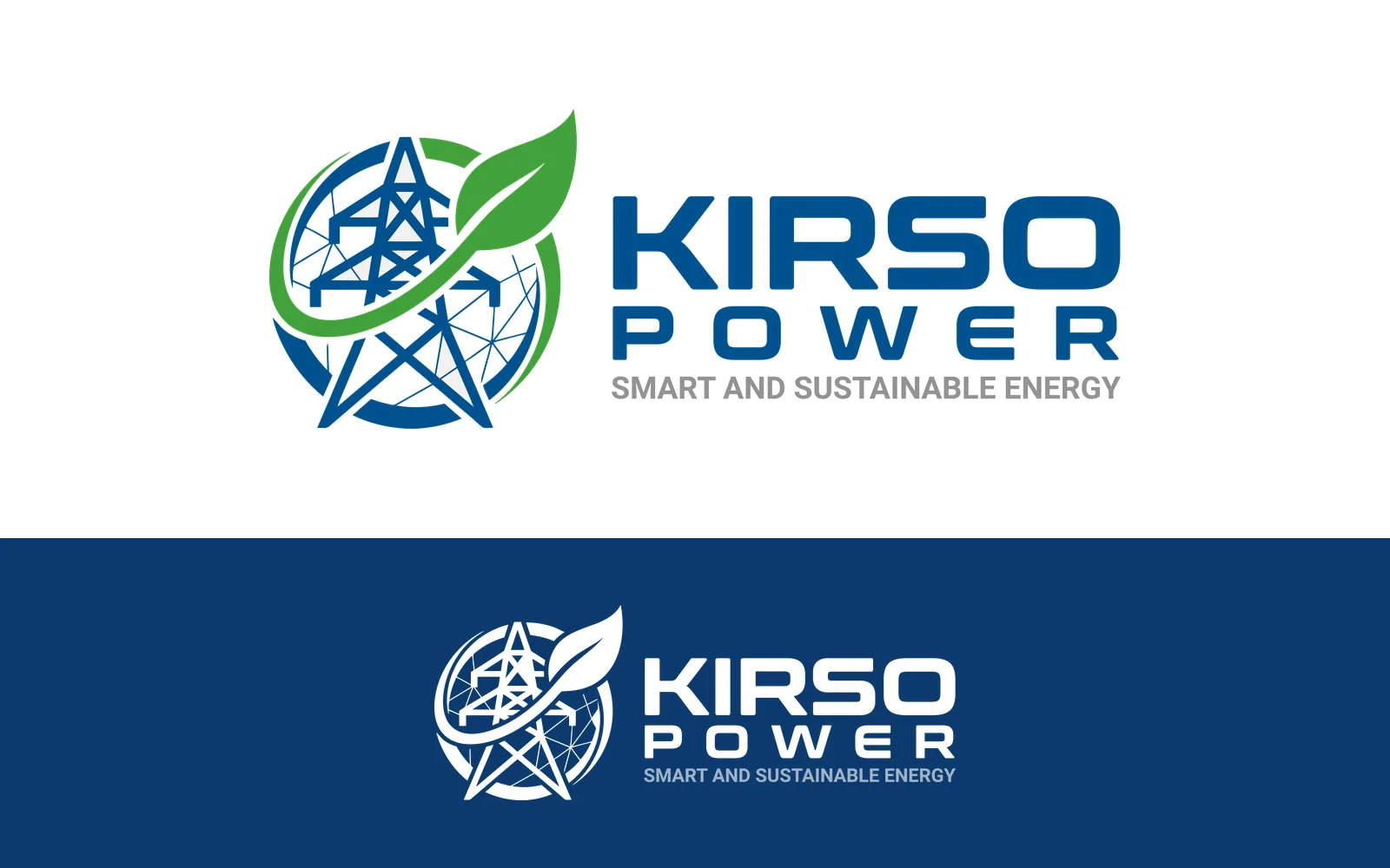The Kirso Power logo designed by Branditify: a pylon, a leaf and a globe beside the wordmark, in colour on white and in white on navy
