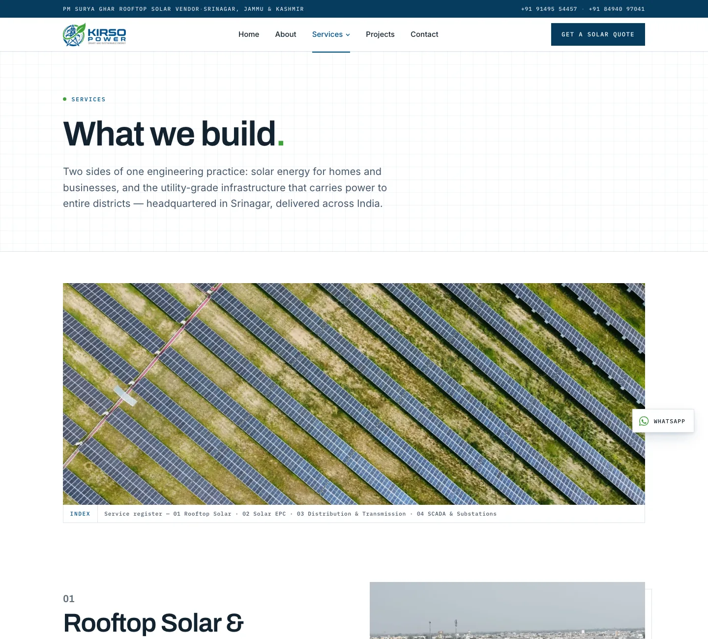 The Kirso Power services hub: What we build, above a wide photograph of solar panels and the first service, rooftop solar and PM Surya Ghar