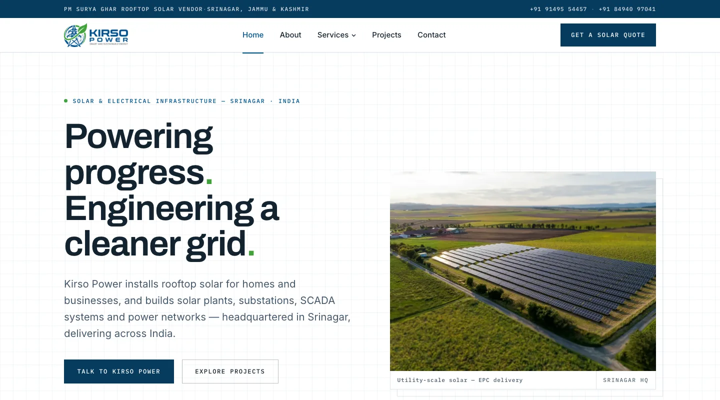 The Kirso Power home page: Powering progress, engineering a cleaner grid, beside an aerial photograph of a solar plant, with Talk to Kirso Power