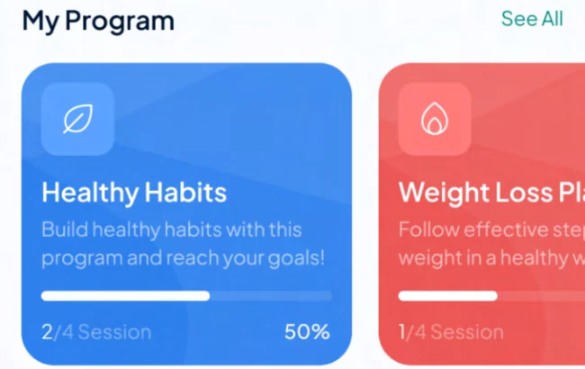 Detail of the LeanTrack home screen: programme cards for Healthy Habits and a weight plan, each with sessions done and a bar