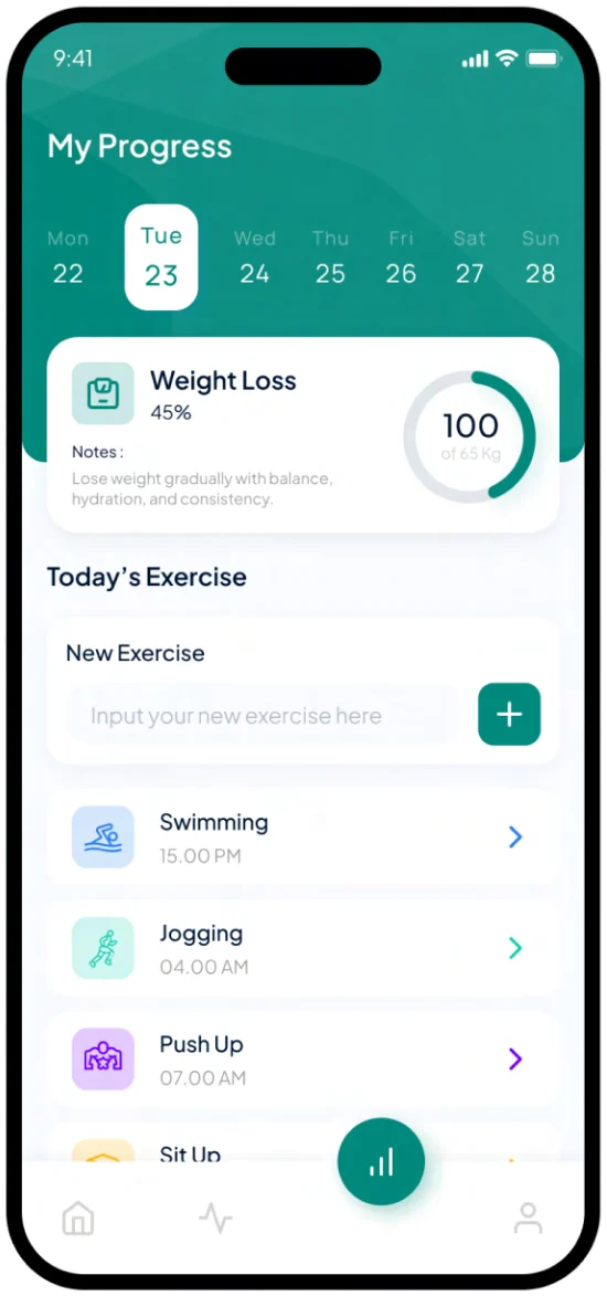LeanTrack progress screen with a weight goal ring, a New Exercise input and today’s exercises: swimming, jogging, push-ups