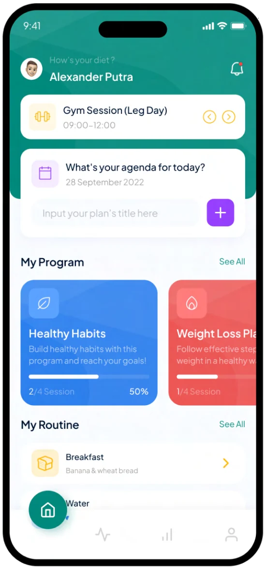 LeanTrack home screen with sample data: the day’s gym session, today’s agenda with an add button, programmes and routine