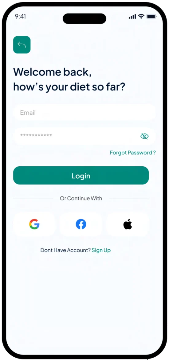 LeanTrack sign-in screen: Welcome back, how’s your diet so far? with email, password and Google, Facebook and Apple options