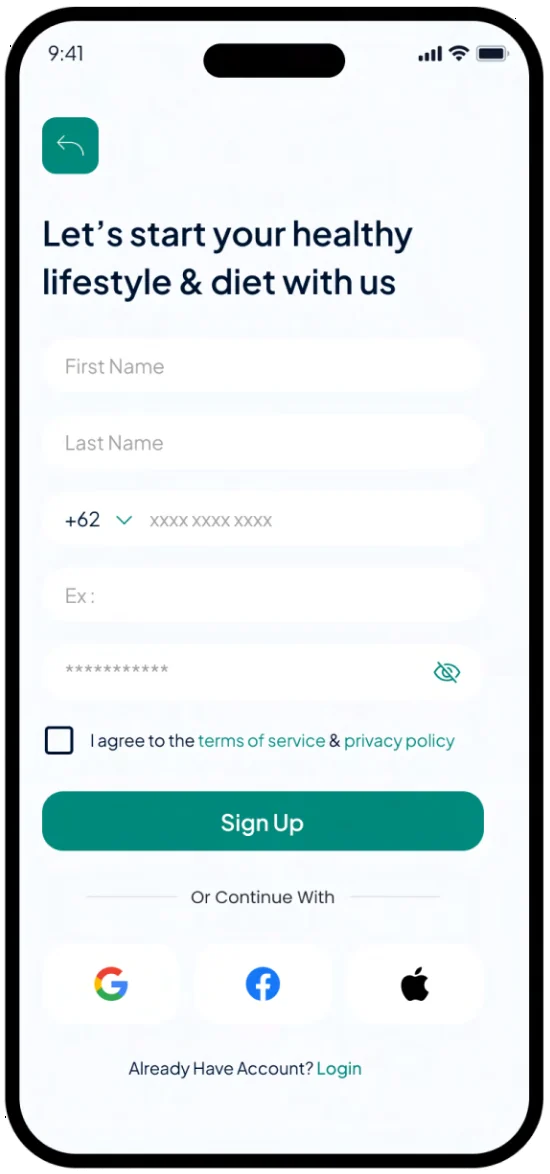 LeanTrack sign-up screen: Let’s start your healthy lifestyle and diet with us, with name, phone, email and password fields