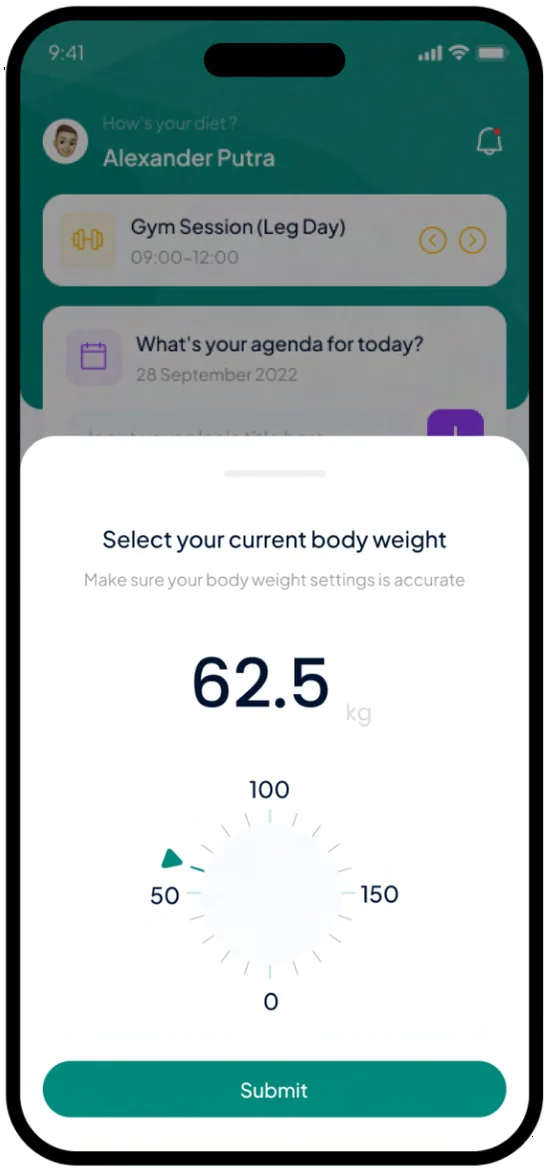 LeanTrack body-weight sheet: Select your current body weight, a large reading on a round dial and a Submit button