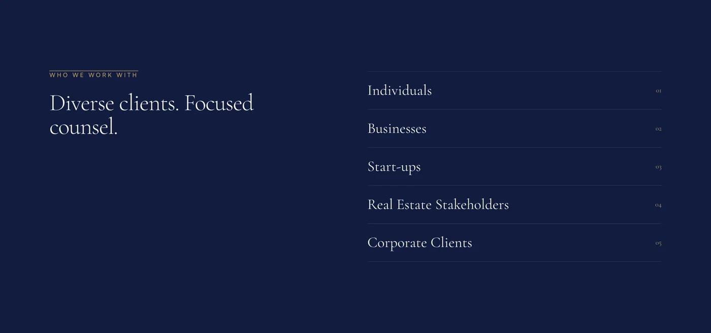 About page section listing the clients the firm advises: individuals, businesses, start-ups, real estate stakeholders and corporate clients