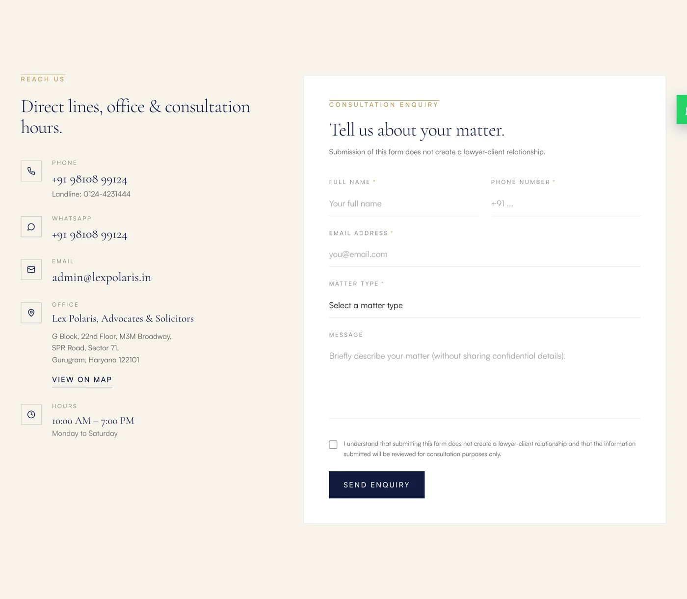 The Lex Polaris contact page: direct lines, WhatsApp, email, office and hours beside an enquiry form with a matter-type field