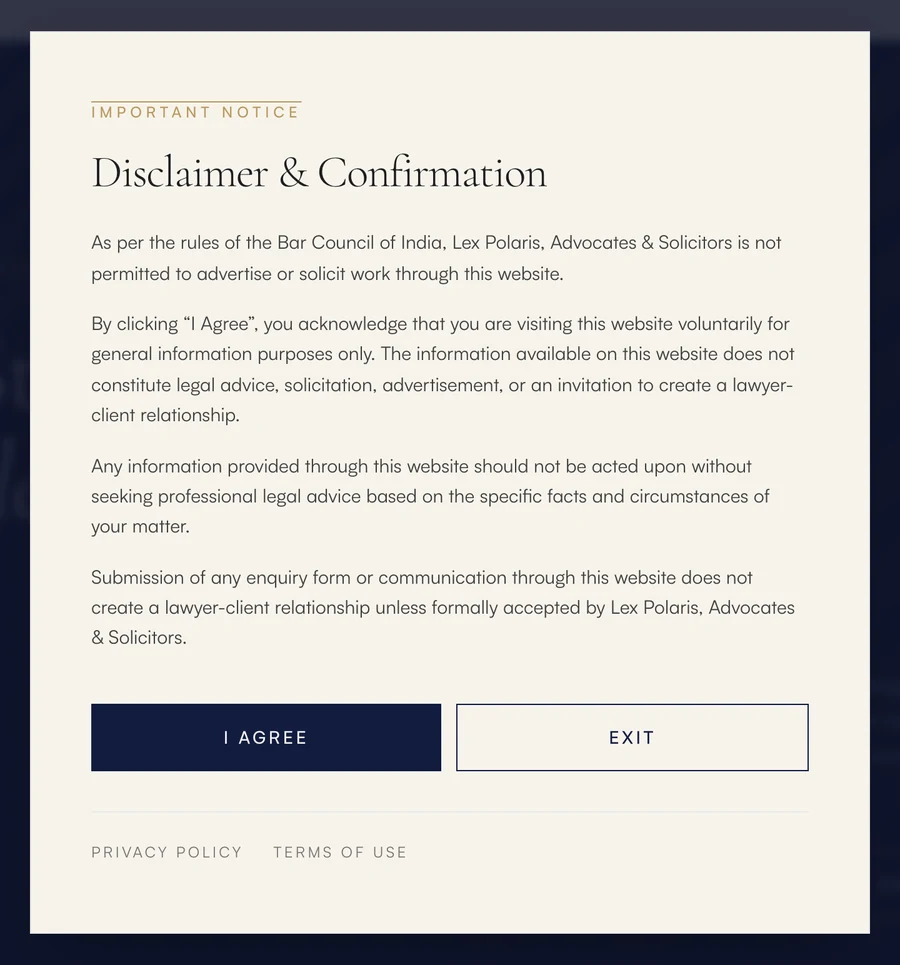 The Disclaimer and Confirmation step on lexpolaris.in, with I Agree and Exit buttons of equal size and links to the privacy policy and terms