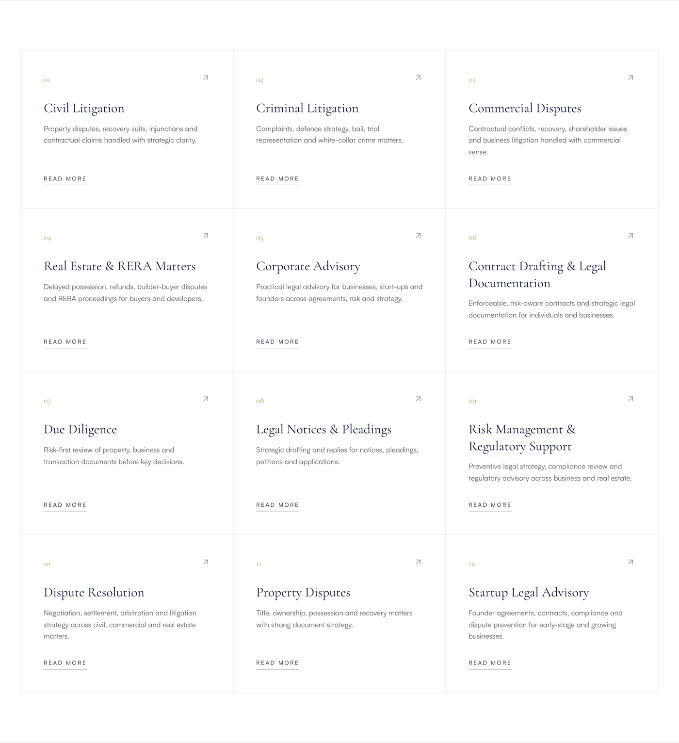 The Lex Polaris Expertise page: twelve numbered practice cards in a three-column grid, each with a Read more link