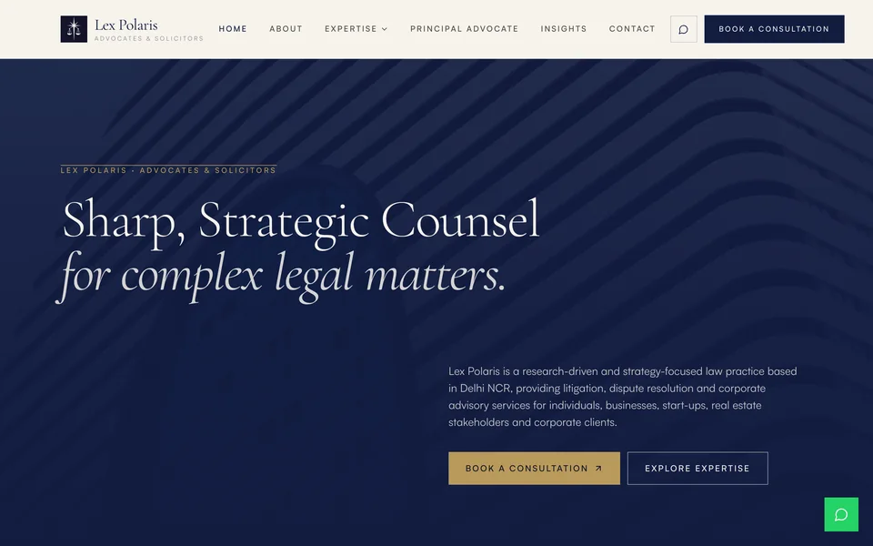 Lex Polaris home page on desktop: the statement Sharp, Strategic Counsel for complex legal matters, under a header with the practice menu and a consultation button