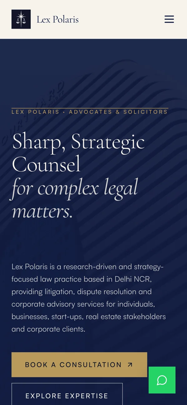The same Lex Polaris home page on a phone, with the statement wrapped over four lines above the introduction