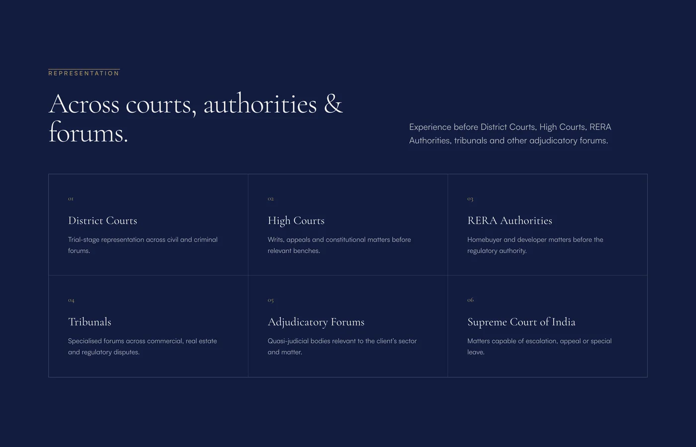 Home page section on the navy ground listing the courts, authorities and forums the firm works before