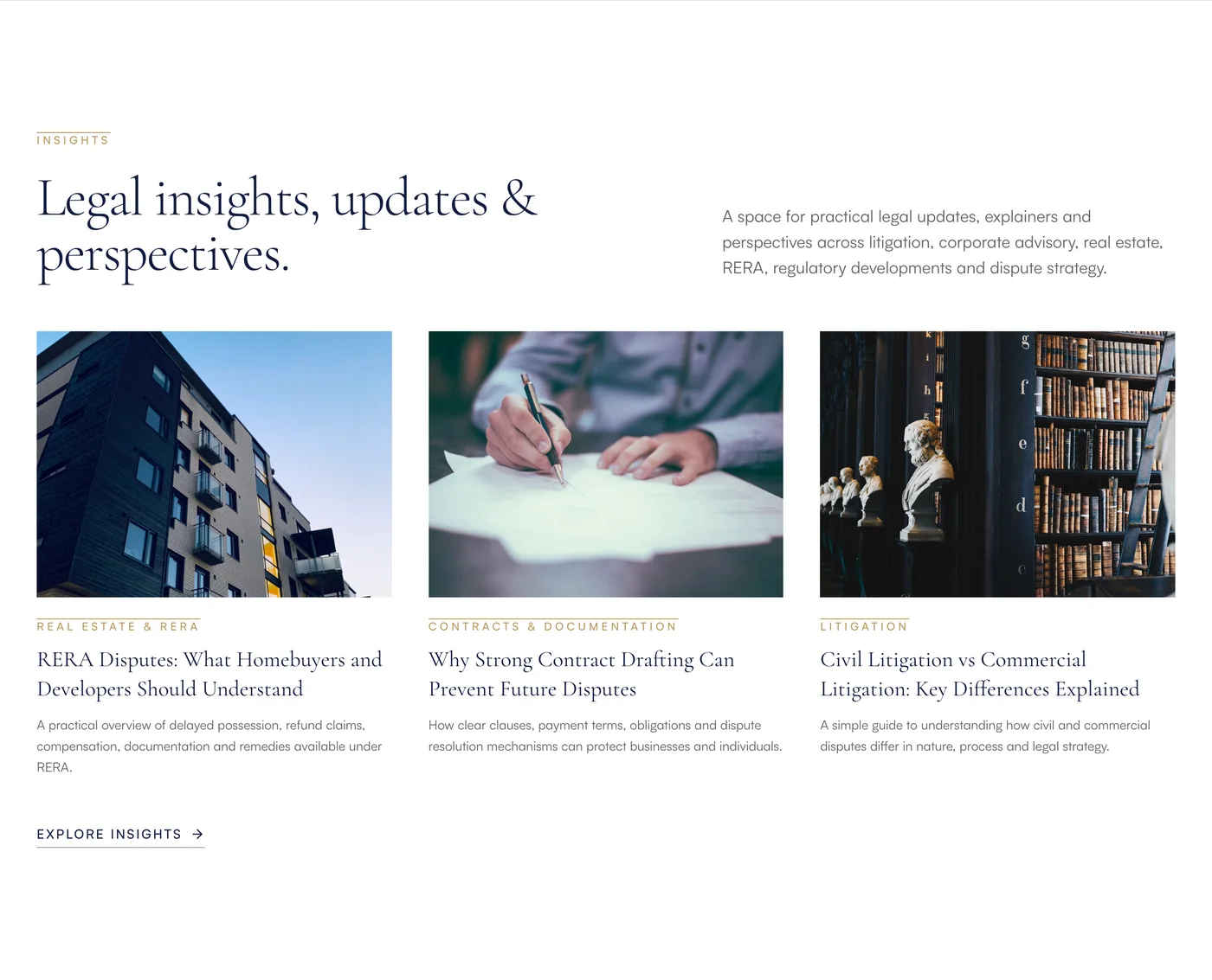 The Insights section of the home page with three article cards: RERA disputes, contract drafting, and civil versus commercial litigation