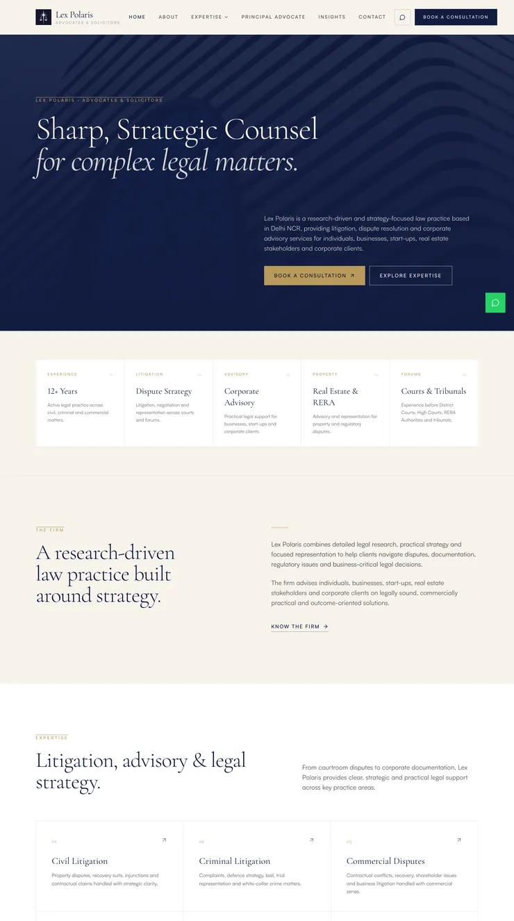 Top third of the Lex Polaris home page: the hero statement, five practice pillars, the firm introduction and the start of the practice areas