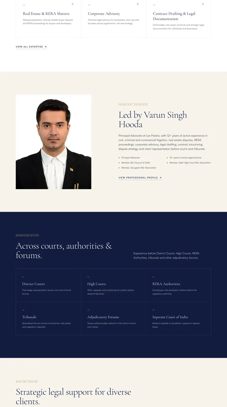 Middle third of the home page: the six headline practice areas, the principal advocate section and the courts and forums grid