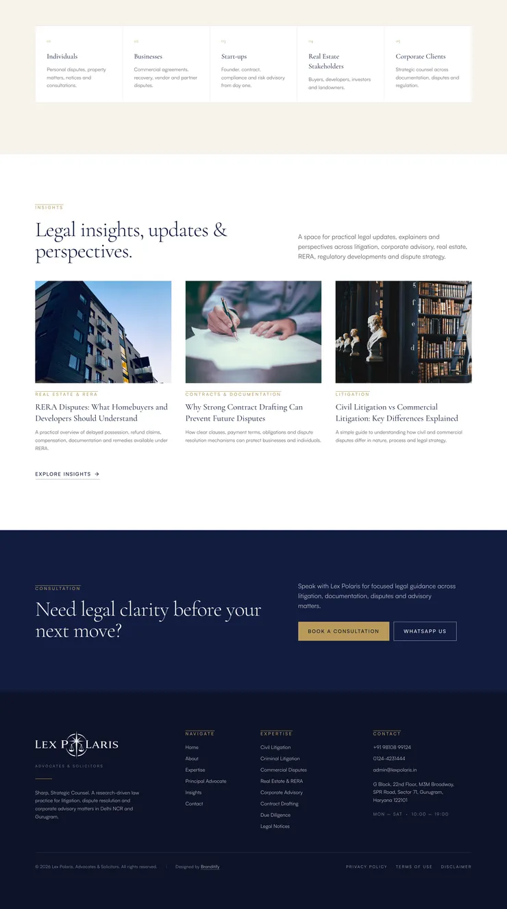 Final third of the home page: who the firm advises, insights, the consultation invitation and the footer