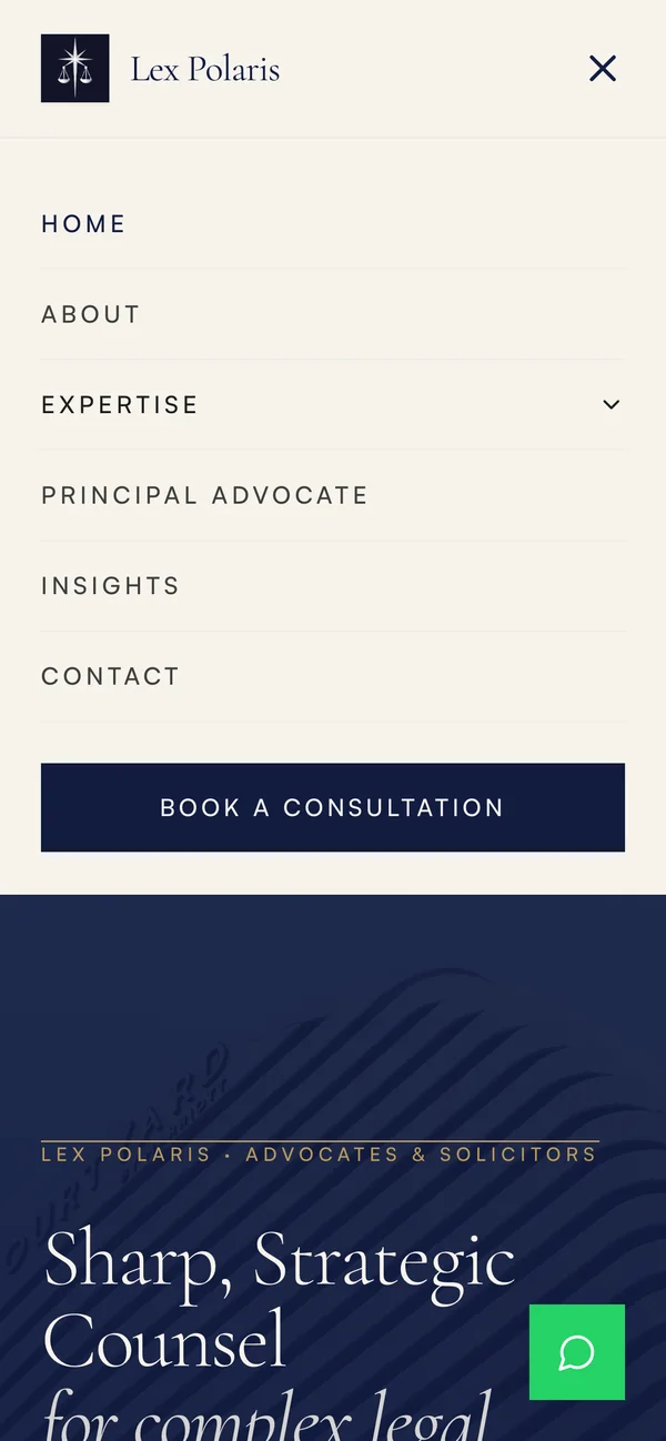 The Lex Polaris menu on a phone: six links, Expertise as an expandable group and a full-width Book a consultation button