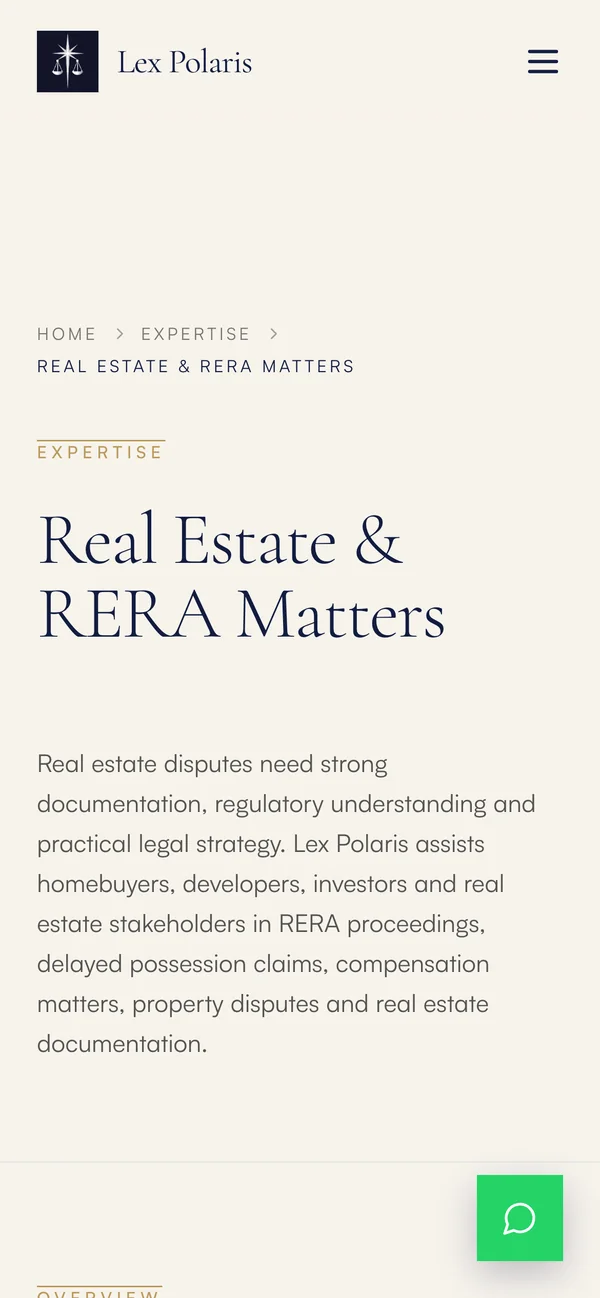 The Real Estate & RERA Matters page on a phone: breadcrumb, title and summary