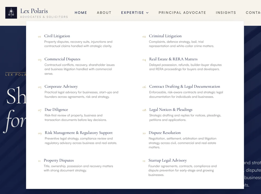 The Lex Polaris Expertise menu open over the home page, listing all twelve practice areas with a one-line description each