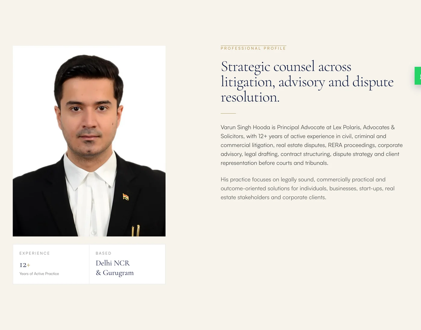 The Principal Advocate page: a portrait beside a professional profile covering litigation, advisory and dispute resolution