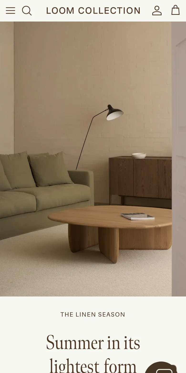 The Loom Collection home page on a phone: a sofa and a floor lamp in a quiet room, then The Linen Season and Summer in its lightest form