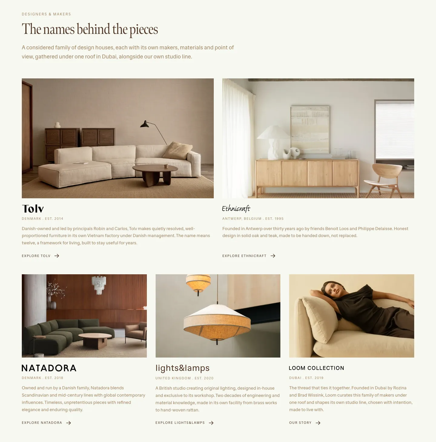 The names behind the pieces: design houses Tolv, Ethnicraft, Natadora and lights&lamps beside Loom Collection’s own studio line