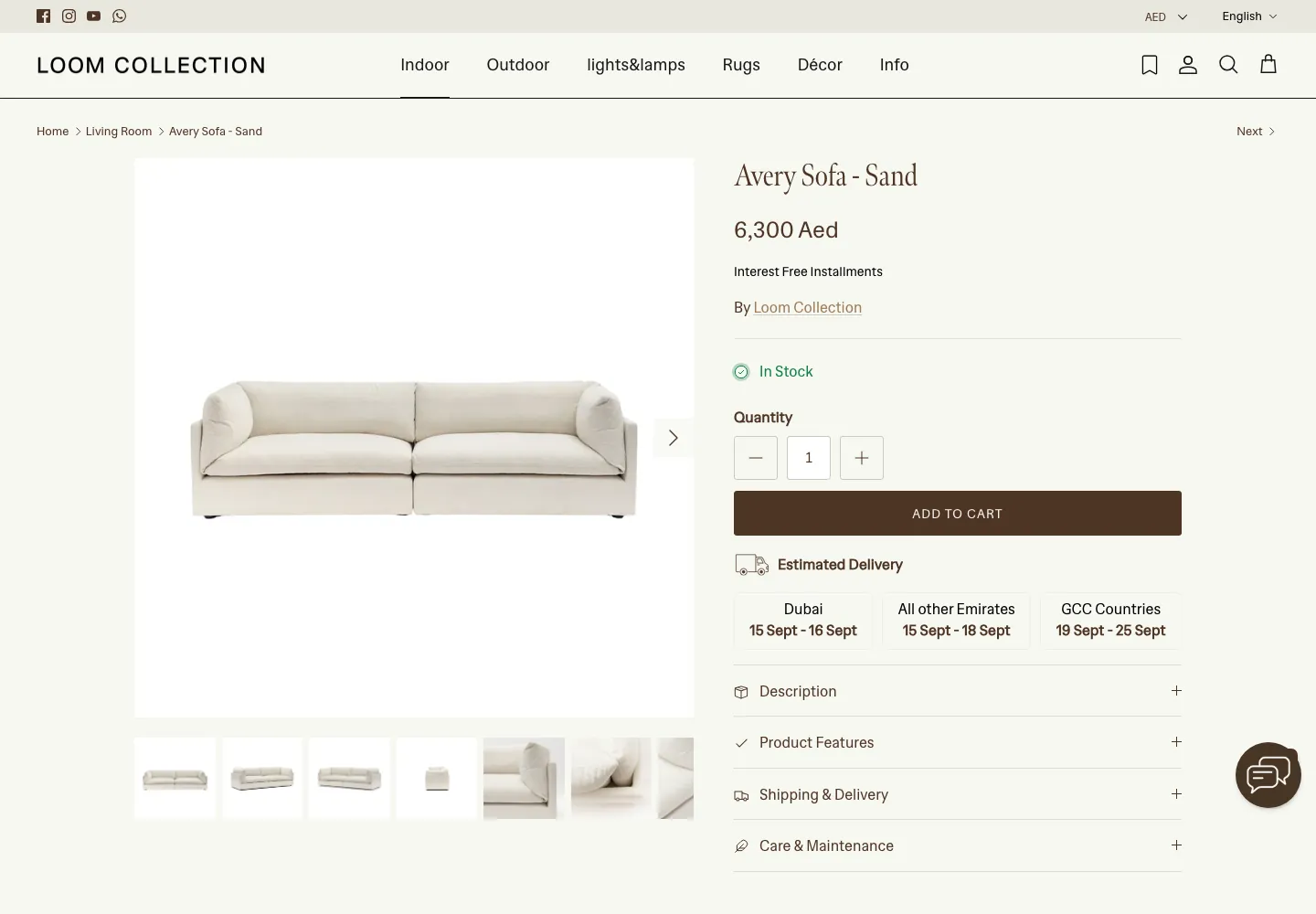 A Loom Collection product page for the Avery Sofa in sand: photographs, price, stock, quantity, Add to cart and an estimated delivery table