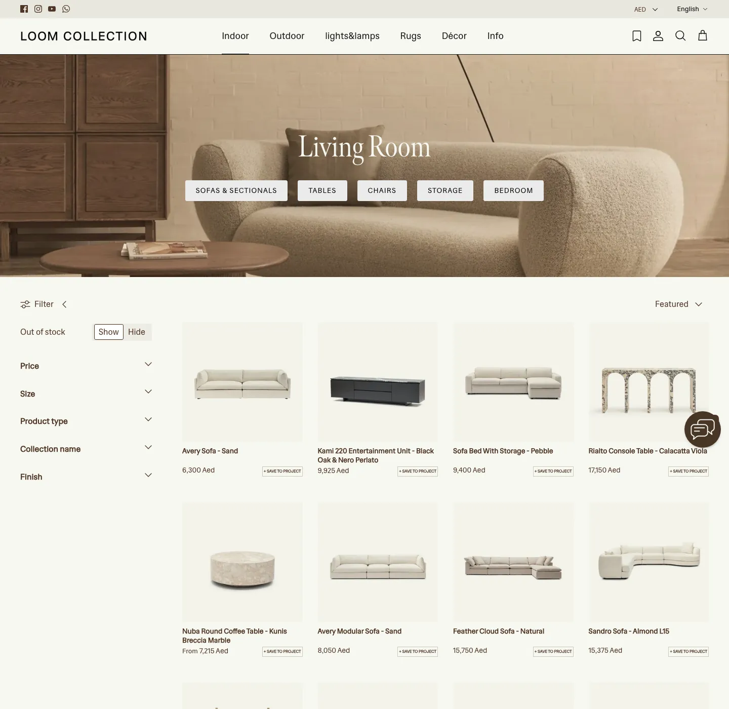 The Living Room collection: shortcuts for sofas, tables, chairs and storage over a room photograph, then filters beside a grid of sofas and tables