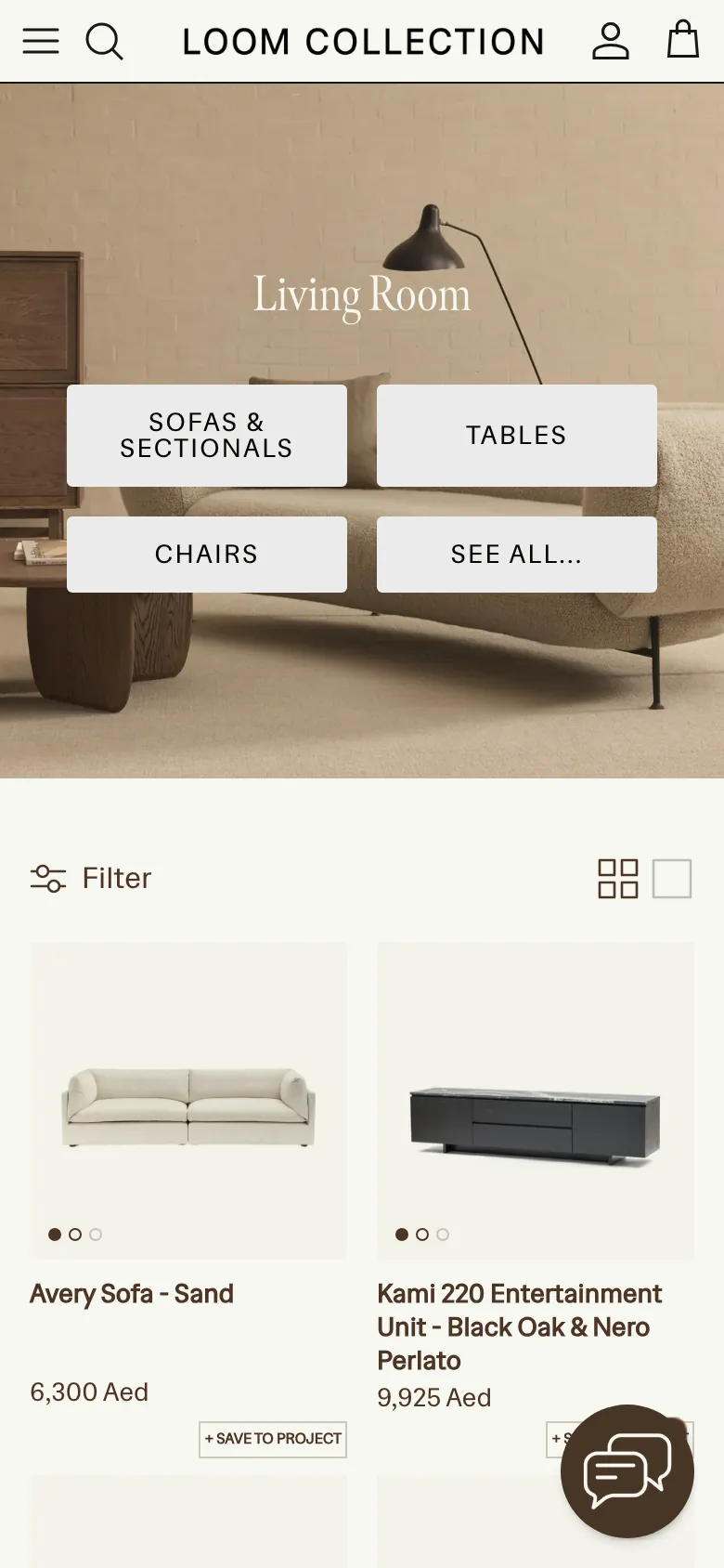 The Living Room collection on a phone: shortcut buttons over a room photograph, then product cards with prices and Save to project buttons