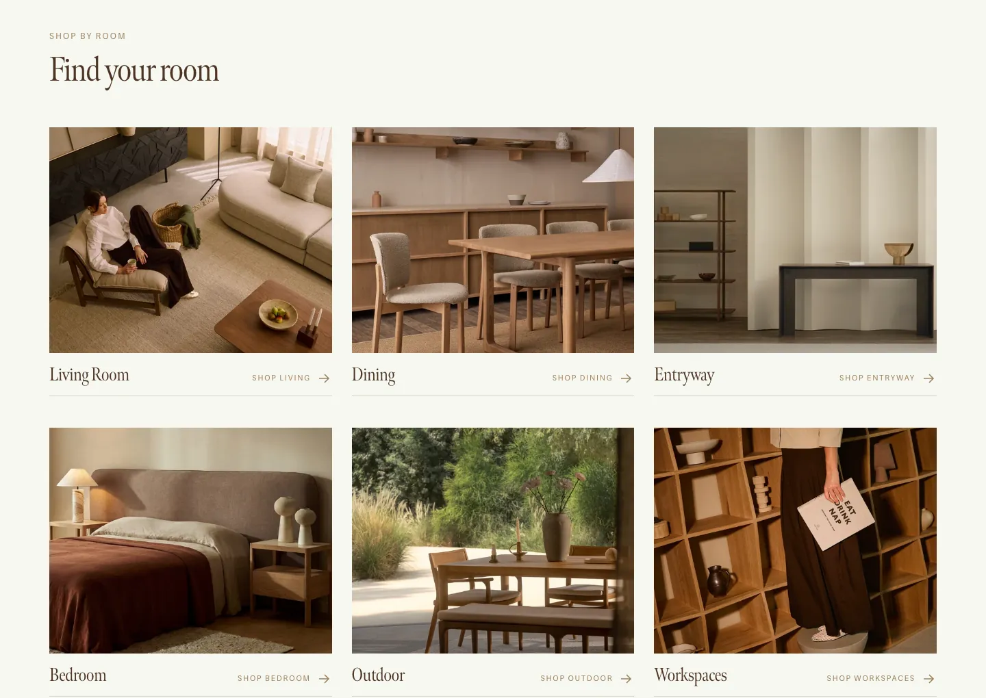The Find your room section: photographs for living room, dining, entryway, bedroom, outdoor and workspaces, each with its own shop link
