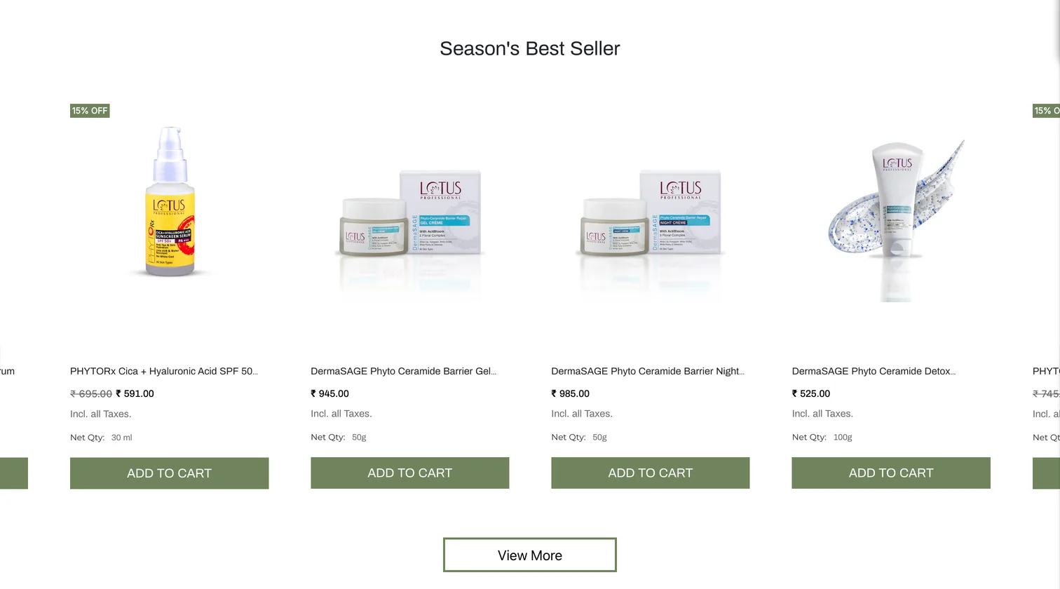 The Season’s Best Seller row: four Lotus Professional products, each with a price and an add-to-cart button, and a View More link