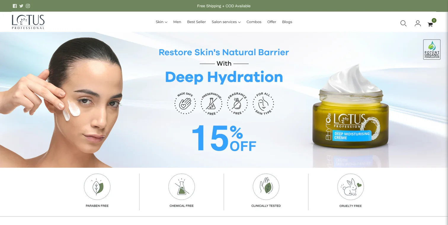 The top of the Lotus Professional home page: the navigation, a skin hydration offer banner and a row of four short badges beneath it