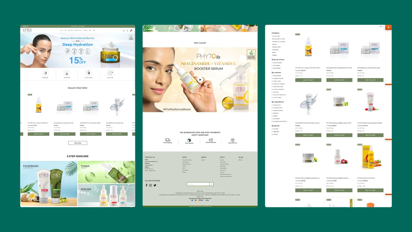Three Lotus Professional store views on green: the top of the home page, its new-launch section and footer, and a product listing with filters