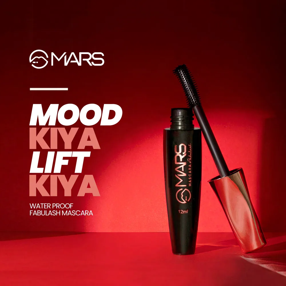 A MARS Cosmetics creative: the Fabulash waterproof mascara on deep red, with Mood Kiya Lift Kiya set in large type beside it