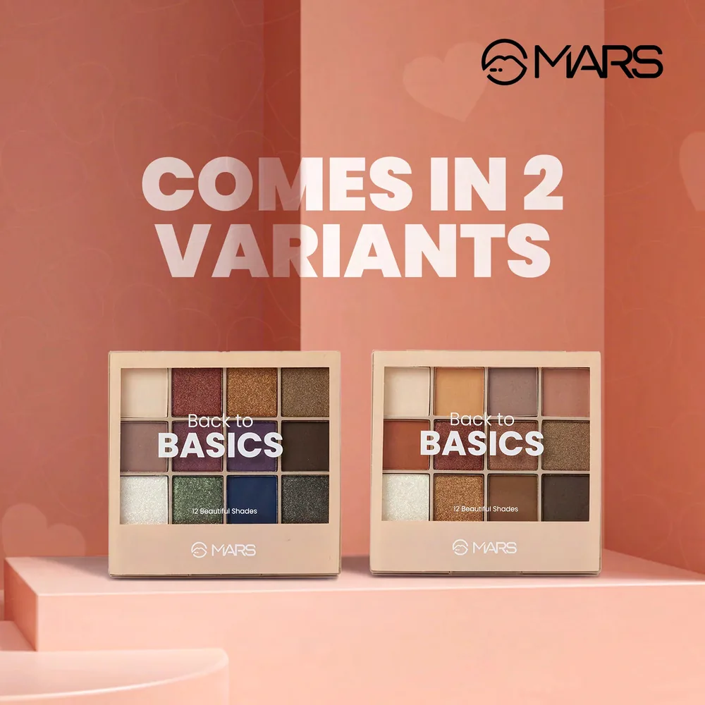 A MARS Cosmetics creative: two Back to Basics eyeshadow palettes on a peach set, under the line Comes in 2 Variants
