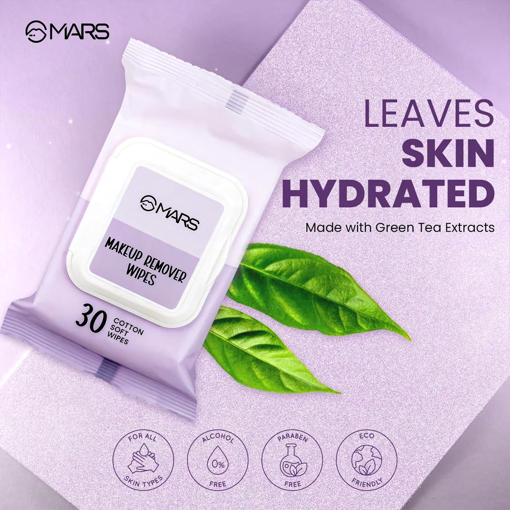 A MARS Cosmetics campaign creative: a pack of makeup remover wipes on lilac with green tea leaves, beside the line Leaves Skin Hydrated