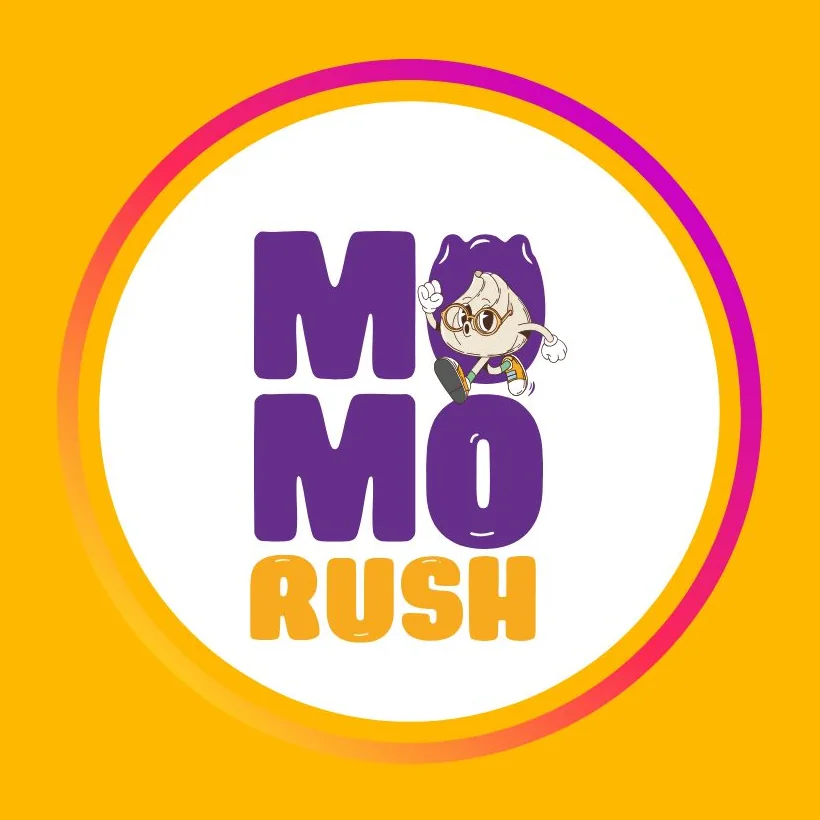 The stacked MomoRush badge: MO, MO and RUSH in purple and orange on a white circle, ringed in pink and orange, on yellow
