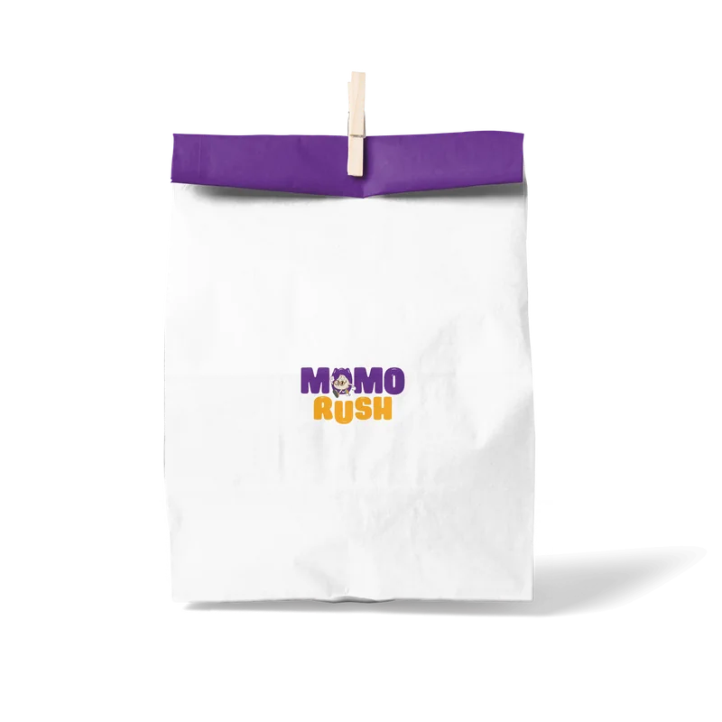 A white paper bag with a purple folded top, the MomoRush logo in the centre