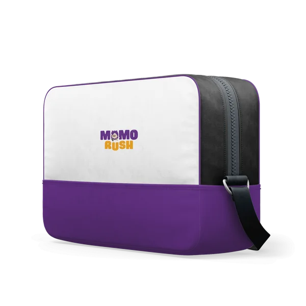 A white-and-purple carry bag with a shoulder strap, the MomoRush logo on its white panel