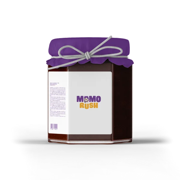 A jar with a purple cloth lid tied with string, and a white label carrying the MomoRush logo