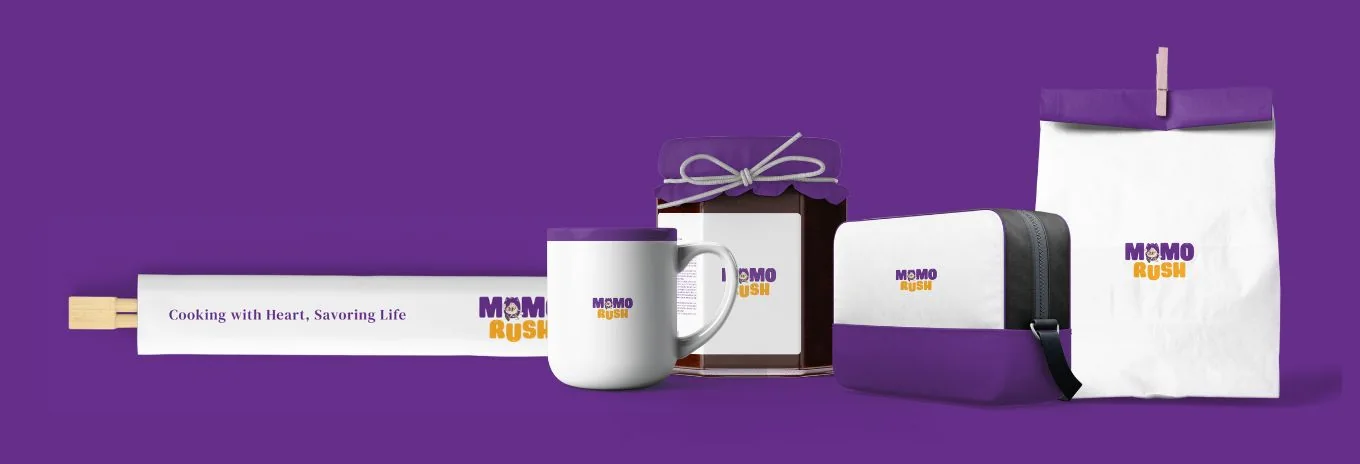 The MomoRush identity on everyday objects: a chopstick sleeve, a mug, a jar, a carry bag and a paper bag, all on purple