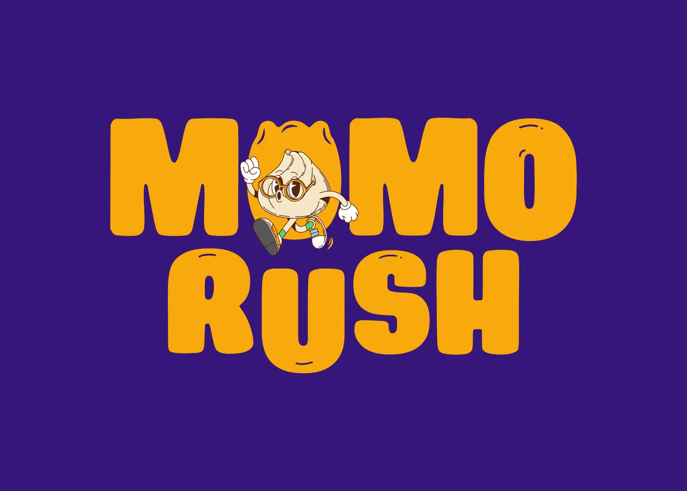 The MomoRush logo in yellow on deep purple: MOMO above RUSH, with the mascot Moji running in place of the first O