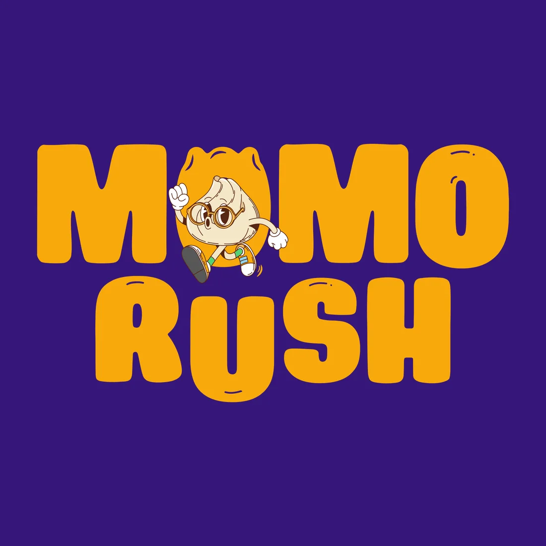 The MomoRush logo close up: rounded yellow letters, with Moji the momo standing in for the first O of MOMO
